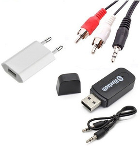 Techvik Combo of Car Bluetooth Music Audio Receiver, AUX male to 2 RCA male Cable With, USB Adapter Wall Charger RCA Audio Video Cable