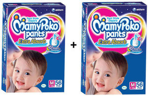 MamyPoko EXTRA ABSORB PANT STYLE DIAPERS ( SET OF 02 PACKS OF 56 PCs) - M