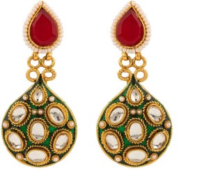 Rajwada Arts Red Stone With Green Enamel Brass Drop Earring