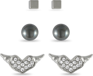 Sarah Combo Pack of 3, Square, Round & Rhinestone Heart Metal Stud Earring
