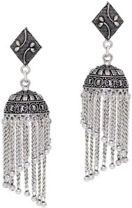 Jaipur Mart Square Stud Spiral Silver Tone Chain Style Oxidised Alloy Jhumki Earring