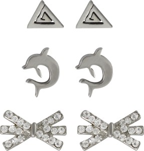 Sarah Combo Pack of 3, Triangle, Dolphin & Rhinestone Bow Metal Stud Earring