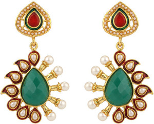 Rajwada Arts Red Enamel With Green Stone Brass Drop Earring