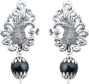 Waama Jewels Black Pearl silver Plated back Push Style for Women Pearl Brass Drop Earring