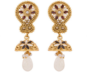 Rajwada Arts White And Red Stones Floral Pearl Brass Jhumki Earring