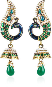 Colors of Sin Green curved peacock with green pearl Alloy Dangle Earring, Drop Earring