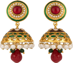 Rajwada Arts Traditional Green Enamel With Red Stone Brass Jhumki Earring
