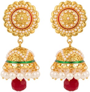 Rajwada Arts Floral Desgin With Red And Green Enamel Brass Jhumki Earring
