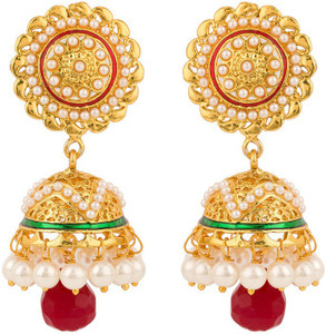 Rajwada Arts Floral Desgin With Red And Green Enamel Brass Jhumki Earring