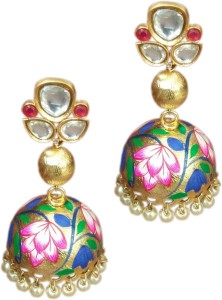 J S Jewel Fashioners GOLD PAINT FLOWER Cubic Zirconia Brass Jhumki Earring