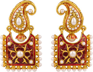 Rajwada Arts Square Shaped Design With Red Enamel Brass Drop Earring