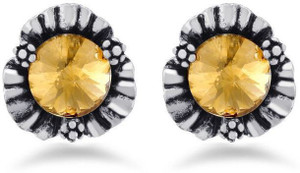 Jazz Jewellery Antique Silver Embossed Flower Shape Earrings with Gold Stone Stud Alloy Stud Earring