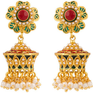 Rajwada Arts Floral Dangle Earrings With Green Enamel Brass Jhumki Earring