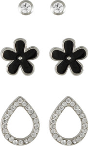 Sarah Combo Pack of 3, Round, Lacquered Floral & Rhinestone Teardrop Metal Stud Earring