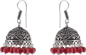 Saadgi Red Beads Small Daily wear Office Wear German Silver Dangle Earring