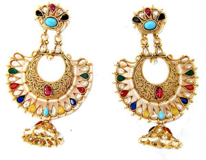 9blings Navratna Stones Copper Gold Plated Reverse AD Pearl Pearl Copper Jhumki Earring