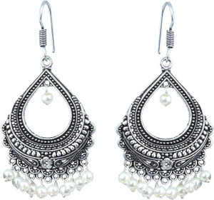 Waama Jewels White silver Plated back Push Style for women Wedding Anniversary Gift Pearl Brass Chandelier Earring