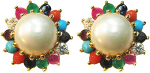 Vinayak navratan Pearl, Turquoise, Coral, Garnet Alloy Stud Earring