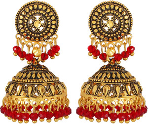 GoldNera Antique Red Bead Alloy Jhumki Earring