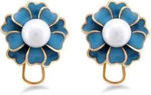 Jazz Jewellery Blue Flower Shaped Golden Ethnic Earrings with White Pearl Alloy Drop Earring