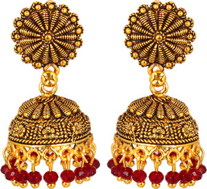 GoldNera Red Bead Brass Jhumki Earring