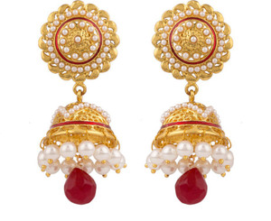 Rajwada Arts Floral Design With Ruby Red color Stone And Enamel Brass Jhumki Earring