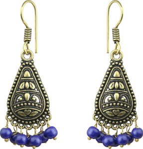 Waama Jewels Blue Pearl Gold Plated back Push Style for Women Pearl Brass Dangle Earring