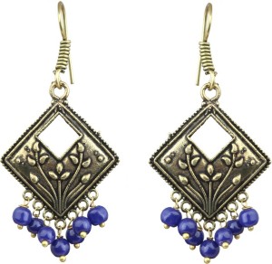 Waama Jewels Blue Pearl Gold Plated back Push Style for Women Pearl Brass Dangle Earring