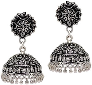 Jaipur Mart Splendid Flower Design Silver Oxidised Metal Alloy Jhumki Earring