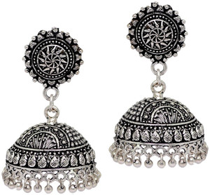 Jaipur Mart Splendid Flower Design Silver Oxidised Metal Alloy Jhumki Earring