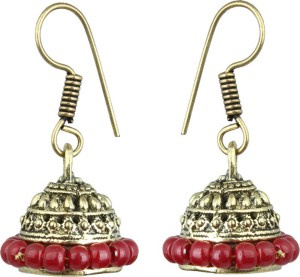 Waama Jewels Maroon gold Plated back Push Style for mother Office Wear boho Jewellery Pearl Brass Jhumki Earring