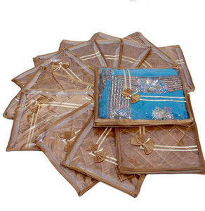 Kuber Industries Designer Saree Cover 12 Pcs Combo in Heavy Quilted Satin (Golden) MKUSCGS101