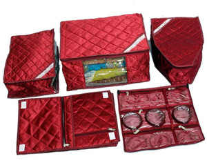 Kuber Industries Designer Saree, Blouse & Peticot, Lingrie Cover & Foldable make up Kit in maroon satin 5 Pcs Combo MKU5057
