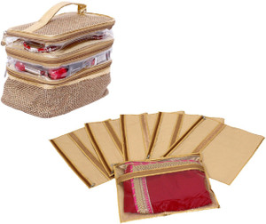 Kuber Industries Designer Saree Cover Set Of 6 Pcs & Make Up Kit, Vanity Kit, Cosmetic Kit, Jewellery Kit (Jute Design) SLT033