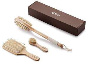Flend 100% Natural Boar Bristles Flend Bath and Shower Brush with Dual Head (Skin Brushing + Cellulite Massage)+Facial Complexion Brush+Detangling Hair Brush, Complete Wooden Brush Set in Gift Box