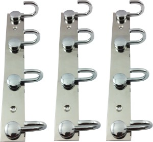 DOCOSS Set Of 3-Button 4 Pin Cloth Hanger Wall Hooks For Hanging keys,Clothes,towel 4 - Pronged Hook Rail