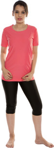 Carrel Round Neck T shirt & Capri Swimwear Set Solid Women's Swimsuit
