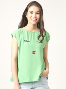 Marie Claire Casual Cap Sleeve Printed Women's Green Top