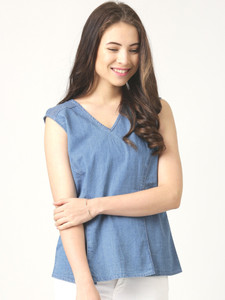 Marie Claire Casual Sleeveless Solid Women's Blue Top