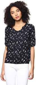 Harpa Casual Short Sleeve Floral Print Women's Black Top