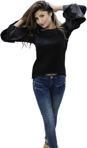 CrazeVilla Casual Bell Sleeve Solid Women Black Top