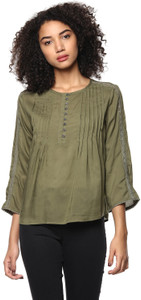 Harpa Casual 3/4th Sleeve Solid Women's Green Top