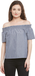Ruhaan's Casual Short Sleeve Striped Women's Grey, White Top