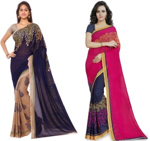 kashvi sarees printed fashion georgette saree(pack of 2, pink, dark blue) COMBO_1108_1_1190_1