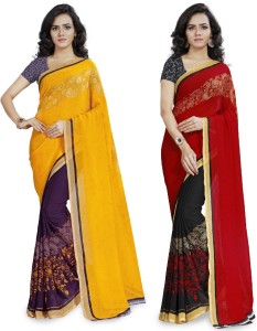 kashvi sarees printed, floral print daily wear poly georgette saree(pack of 2, yellow, red) COMBO_1190_2_1190_3