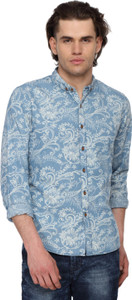 Bene Kleed Men's Floral Print Casual Denim Light Blue, White Shirt