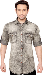 GlobalRang Men's Solid Casual Denim Brown Shirt