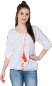 Aania Casual 3/4th Sleeve Embroidered Women's White Top