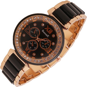 The Smokiee T-S-00020 Golden Tone Stainless Steel Metal with Black Accents Analog Watch - For Girls