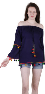 Delux Look Party 3/4th Sleeve Embroidered Women's Blue Top